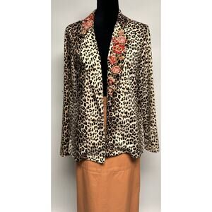 Savanna Jane Womens Small Leopard Print Jacket Floral Embroidery Collar Blazer